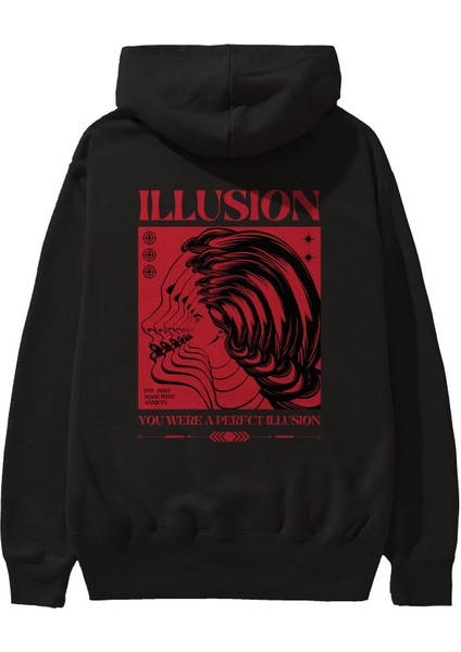 Illusion Streetwear Arka Baskılı Siyah Oversize Kapüşonlu Sweatshirt Erkek Kadın