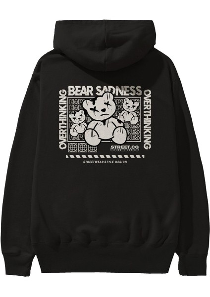 Bear Sadness 2 Arka Baskılı Siyah Oversize Kapüşonlu Sweatshirt Erkek Kadın