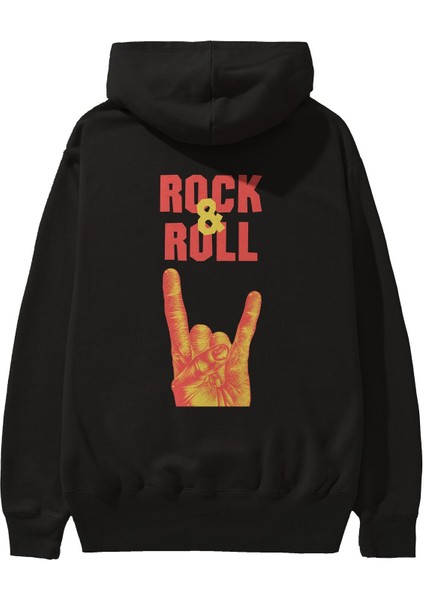Rock & Roll Yazılı Arka Baskılı Siyah Oversize Kapüşonlu Sweatshirt Erkek Kadın