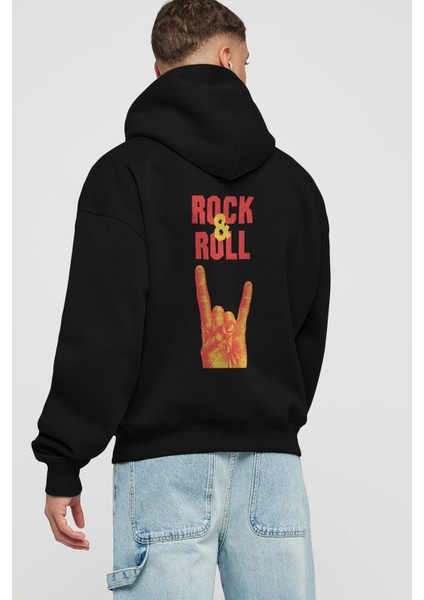 Rock & Roll Yazılı Arka Baskılı Siyah Oversize Kapüşonlu Sweatshirt Erkek Kadın fiyatları