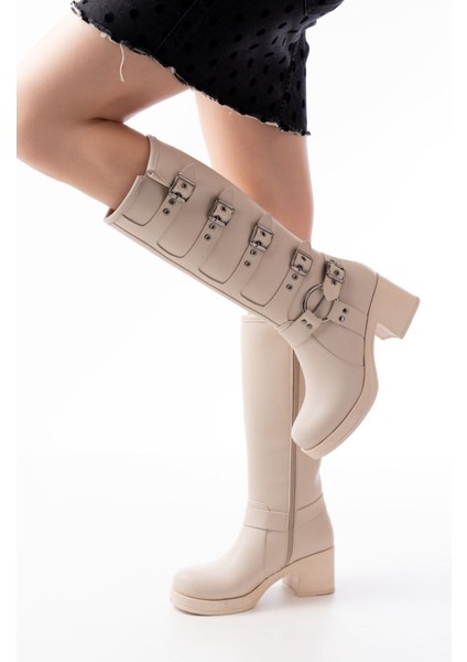 5109-3015 Bej Topuklu Fermuarlı Toka Aksesuarlı Günlük Kadın Çizme fiyatları