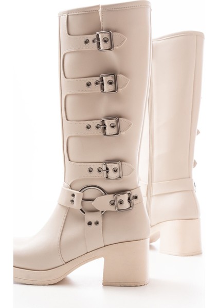 5109-3015 Bej Topuklu Fermuarlı Toka Aksesuarlı Günlük Kadın Çizme fırsatları