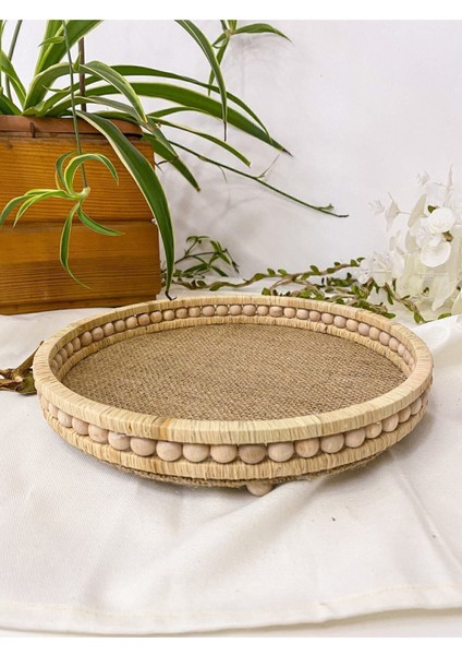 Ahşap Küçük Boncuklu 25 cm Hasır Doğal Rafya/jüt Tepsi, Dekoratif Tepsi, Banyo, Ev, Dekor Tepsi