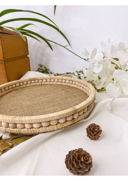 Ahşap Küçük Boncuklu 25 cm Hasır Doğal Rafya/jüt Tepsi, Dekoratif Tepsi, Banyo, Ev, Dekor Tepsi indirimleri