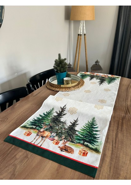 Christmas Çam Ağaçları Geyik Desen Desen 45X150 Keten Runner I Masa Dekor Runner