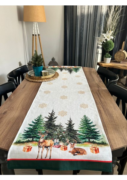 Christmas Çam Ağaçları Geyik Desen Desen 45X150 Keten Runner I Masa Dekor Runner