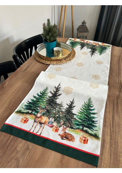 Christmas Çam Ağaçları Geyik Desen Desen 45X150 Keten Runner I Masa Dekor Runner