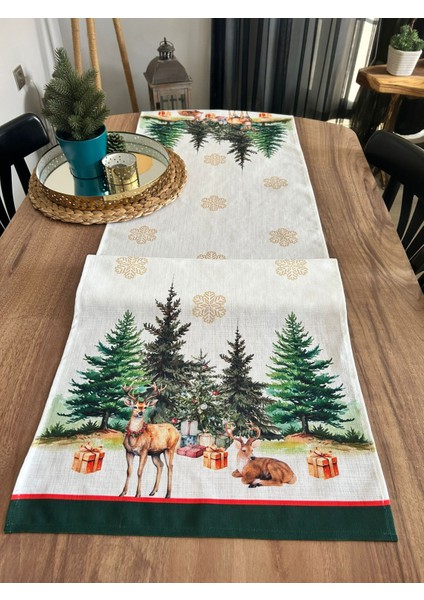 Christmas Çam Ağaçları Geyik Desen Desen 45X150 Keten Runner I Masa Dekor Runner