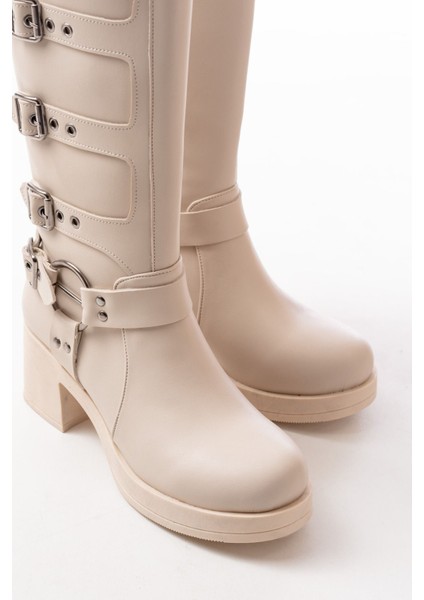 5109-3015 Bej Topuklu Fermuarlı Toka Aksesuarlı Günlük Kadın Çizme indirimleri