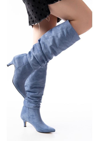 SR-2001 Kot Mavi Süet Ince Topuklu Günlük Bayan Çizme modelleri
