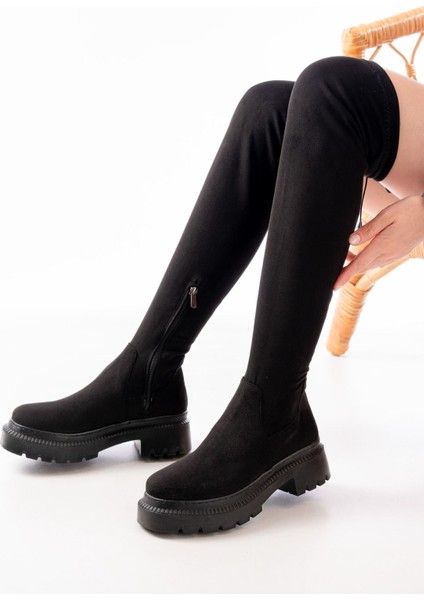 236-2194 Siyah Süet Streç Diz Üstü Fermuarlı Günlük Kadın Çizme modelleri