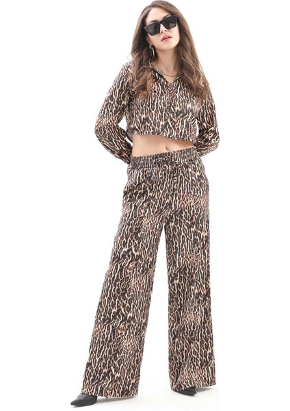 Önü Çimalı Beli Lastikli Leopar Desen Pantolon - Siyah