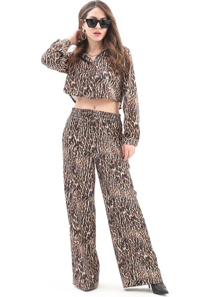 Önü Çimalı Beli Lastikli Leopar Desen Pantolon - Siyah modelleri