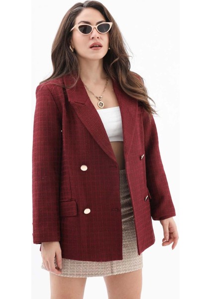 Kare Desen Kruvaze Yaka Ceket - Bordo fiyatları