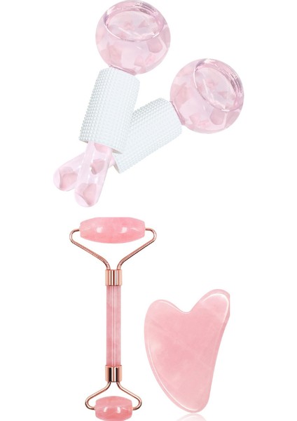 Ice Globes Buz Küresi Soğuk Masaj Terapi Topu 2 Adet ve Pembe Kuvars Face Roller ve Pembe Kuvars Kalp Gua Sha Seti