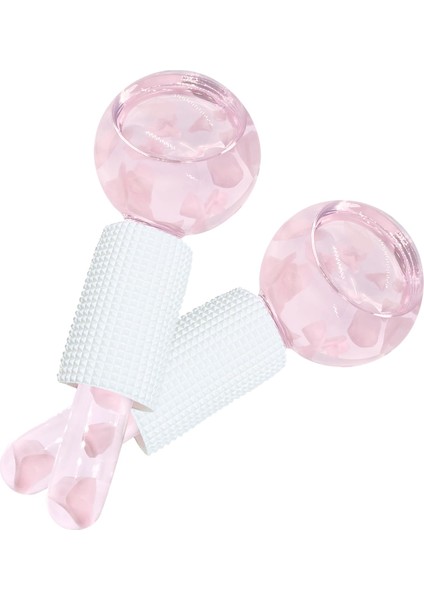 Ice Globes Buz Küresi Soğuk Masaj Terapi Topu 2 Adet ve Pembe Kuvars Face Roller ve Pembe Kuvars Kalp Gua Sha Seti