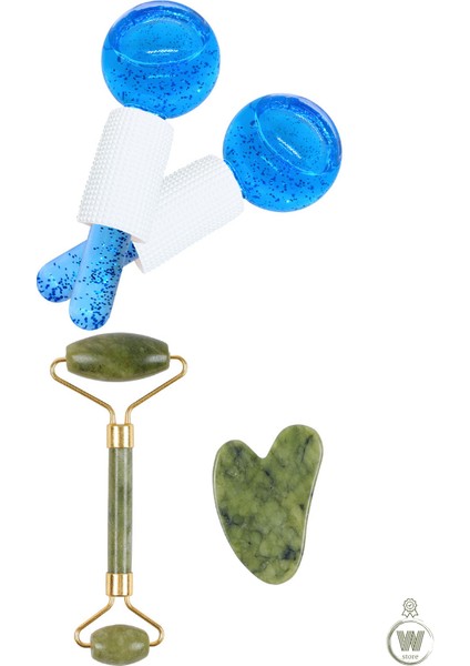 Ice Globes Buz Küresi Soğuk Masaj Terapi Topu 2 Adet ve Yeşim Face Roller ve Yeşim Kalp Gua Sha Seti