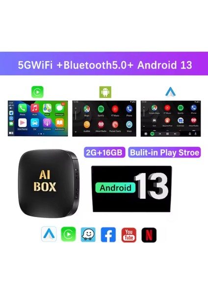 Akıllı Multimedya Kutusu Android 13 16GB Kablosuz Carplay Ai Box Youtube Netflix Google Playstore Wifi