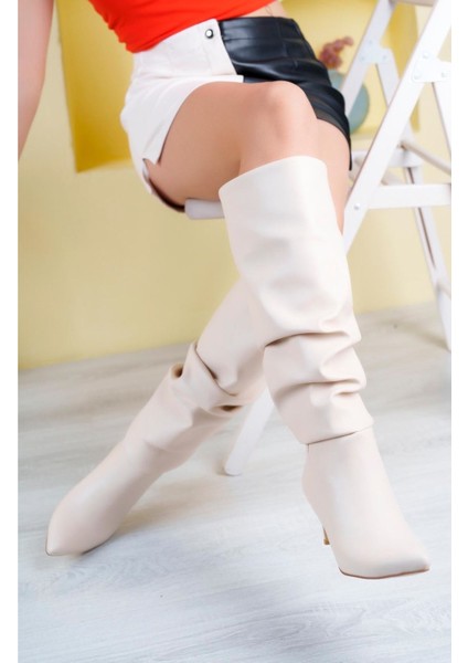 SYT-2001 Bej Körüklü Ince Topuklu Günlük Bayan Çizme fiyatları