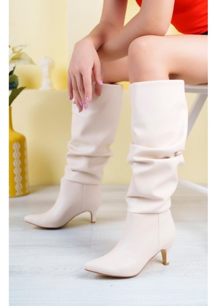 SYT-2001 Bej Körüklü Ince Topuklu Günlük Bayan Çizme modelleri