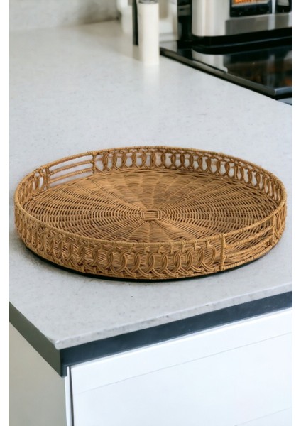 Doğal Rattan Çok Amaçlı Sunum ve Servis Tepsisi 35cm Bej Kulplu