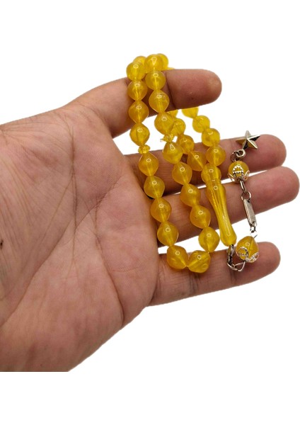 Uçlu Küre Kesim Sarı Renk Toz Kehribar Tesbih