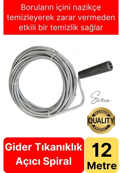 Premium 12 Metre Tıkanıklık Kanal Açma Klozet Gider Açıcı Boru Temizleme Spiral Tel Susta Manuel Uç