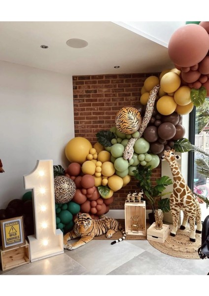 Safari Konsepti Koyu Yeşil Yanık Turuncu Zerdeçal Okaliptus ve Kahverengi Balon Zincir Seti 50'li