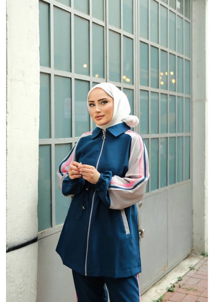 Tesettür Eşofman Takımı Fermuarlı Tunik Pantolon Indigo 448