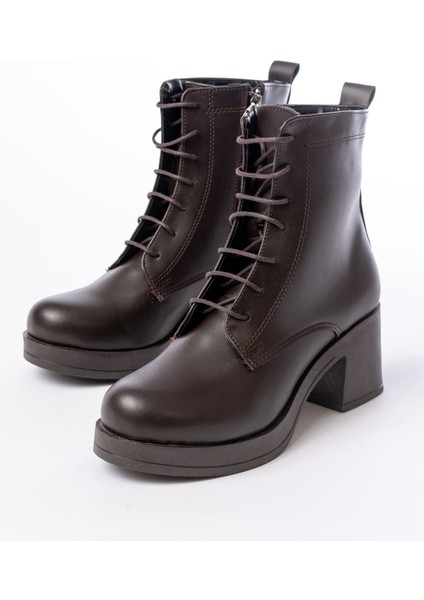 5109-3025 Kahverengi Bağcıklı Fermuarlı Kalın Topuklu Günlük Kadın Bot fiyatları