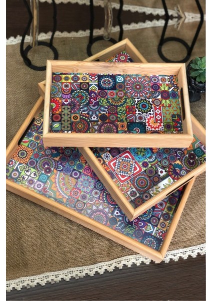 Ahşap 3 Boy Çini Desenli Çay Kahve Servis Sunum Tepsisi