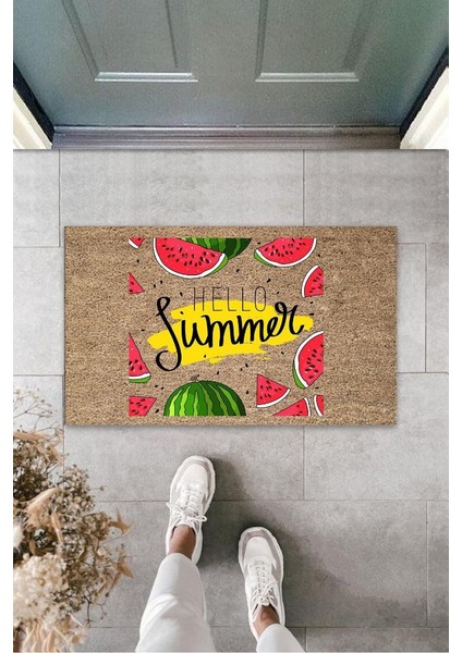 Kahverengi Kapı Önü Paspası Hello Summer Karpuz Dilimleri Desen K-3267