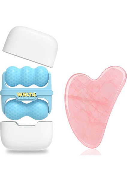 Ice Roller Çift Taraflı Buz Silindiri Terapi Etkili Yüz Masaj & Cilt Soğutma Bakım Aleti ve Pembe Kuvars Kalp Gua Sha Yüz Masaj Taşı