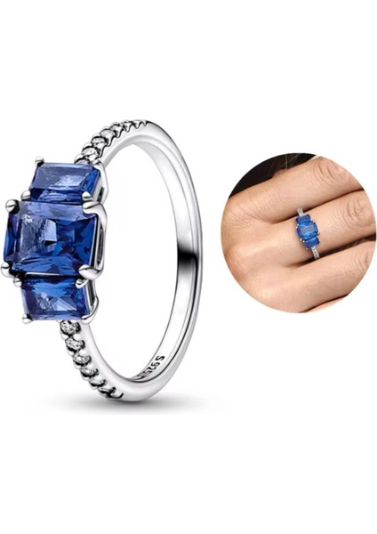 Mavi Dikdörtgen Üç Taşlı Parıltılı Yüzük