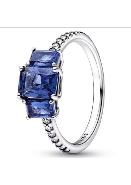Mavi Dikdörtgen Üç Taşlı Parıltılı Yüzük fiyatları