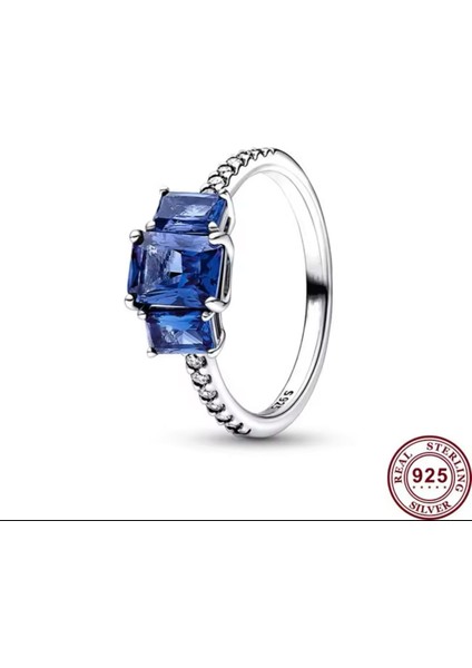 Mavi Dikdörtgen Üç Taşlı Parıltılı Yüzük modelleri