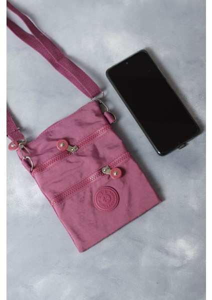 Krinkıl/klinkır Su Geçirmez 3 Fermuarlı Omuz Askılı Cep Telefon Taşıma Çanta Cüzdan Gül Pembe 1115G