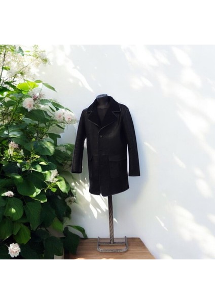 Kürklü Deri Erkek Kışlık Mont Uzun Kesim El Yapımı Erkek Deri Mont Siyah fiyatları