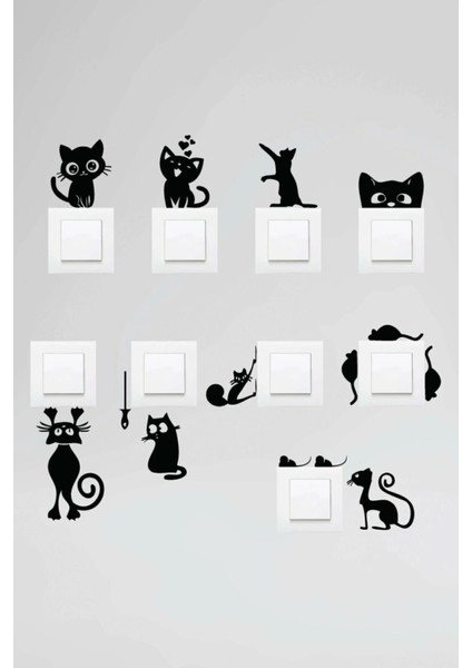 Sptl Priz Kedi Sticker Set Siyah Etiket Duvar Sticker