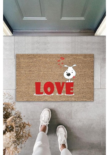Dijital Baskı Kahverengi Kırmızı Love Yazılı Beyaz Köpek Dekoratif Kapı Paspası K-2013