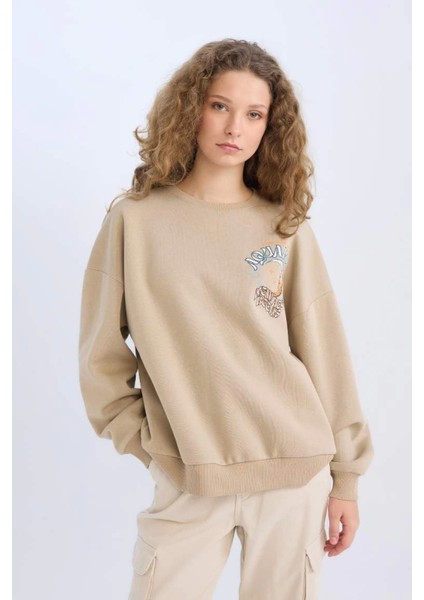 Loose Fit Bisiklet Yaka Sırt Baskılı Kalın Sweatshirt E1488AX24WN