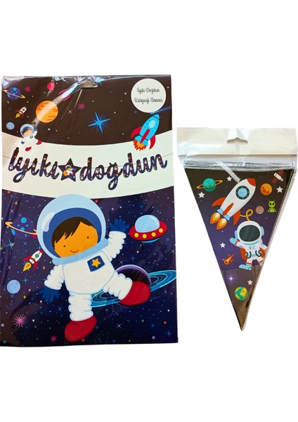 Astronot Uzay Temalı Iyi Ki Doğdun Kaligrafi Banner ve Üçgen Flama