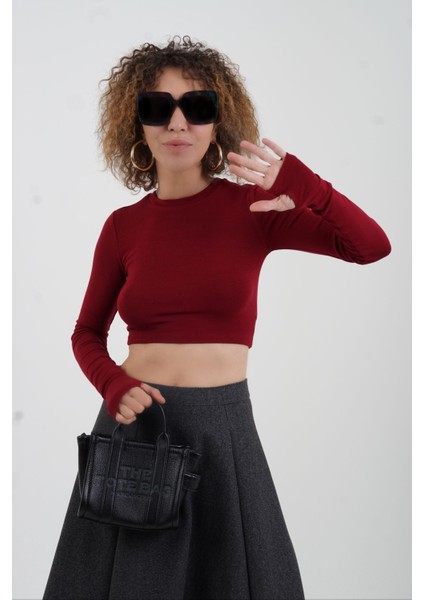 Bordo Parmak Detaylı Crop Bluz