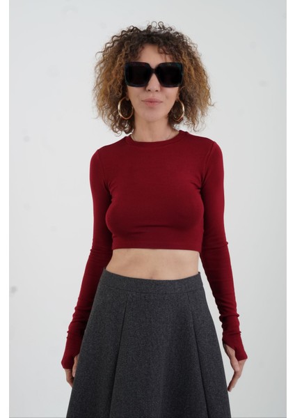 Bordo Parmak Detaylı Crop Bluz