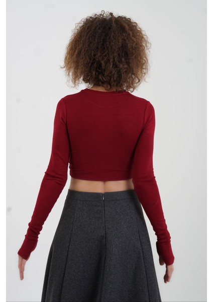 Bordo Parmak Detaylı Crop Bluz