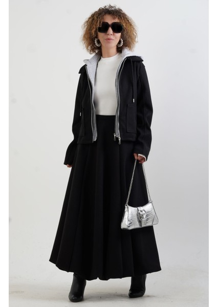 Siyah Kapüşonu Çıkarılabilir Kaşe Mont fırsatları