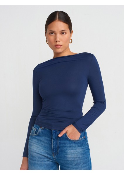31213 Kayık Yaka Uzun Kollu Top-Lacivert