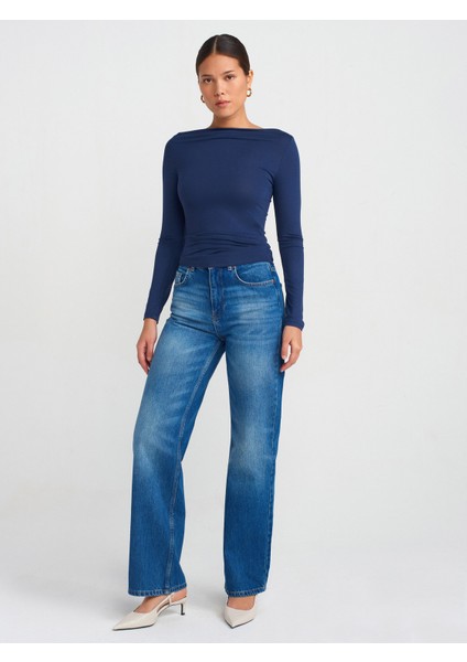 31213 Kayık Yaka Uzun Kollu Top-Lacivert modelleri