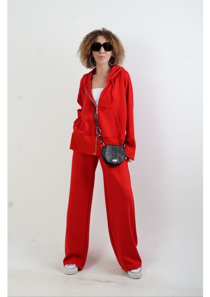 Kırmızı Fermuarlı Modal Sweatshirt Bol Paça Pantolon Takım fiyatları