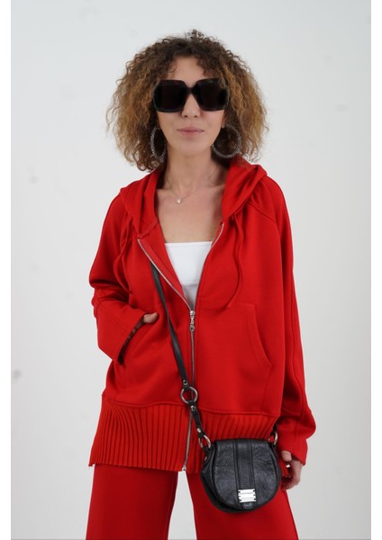 Kırmızı Fermuarlı Modal Sweatshirt Bol Paça Pantolon Takım modelleri